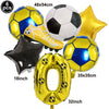 Un set de six ballons de football jaunes et bleus, incluant un ballon, une étoile et un ballon lettre O.