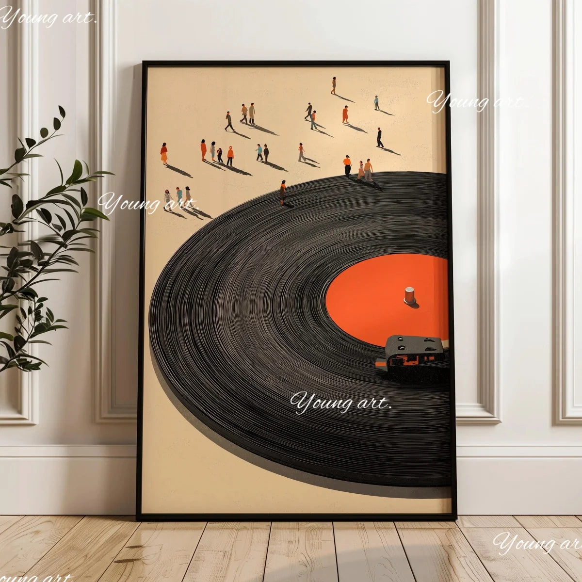 A canvas art print featuring a black and white spiral design with small figures, set against a beige background.