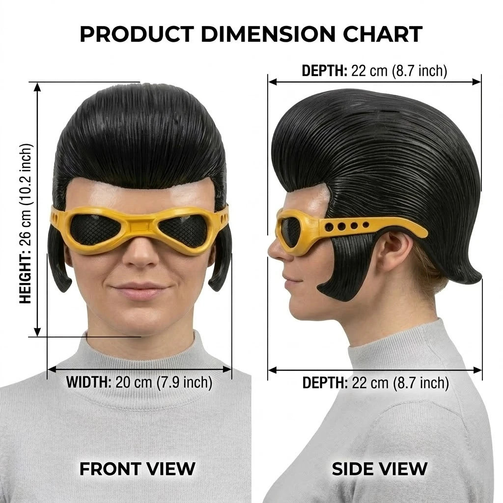 Vista frontal y lateral de un accesorio de disfraz de máscara de rock vintage Elvis con visera amarilla