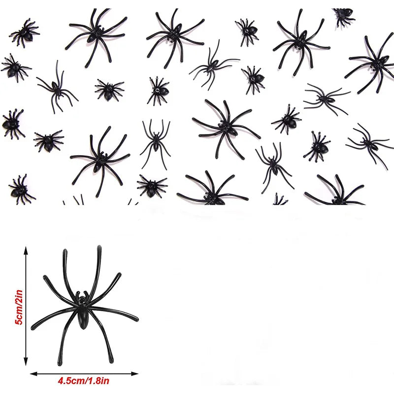 A collection of realistic mini plastic spiders for Halloween decor and pranks, shown in various poses.