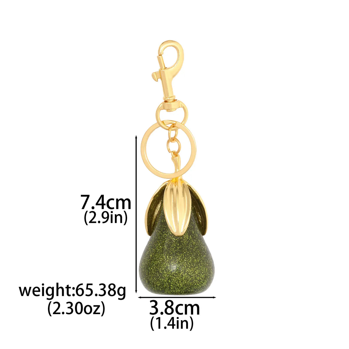 Gold-toned pear-shaped fruit keychain charm with a green glitter finish
