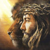 A dramatic painting of a lion's head with a crown and a bearded man, set against a bright golden light.