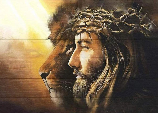 A dramatic painting of a lion's head with a crown and a bearded man, set against a bright golden light.