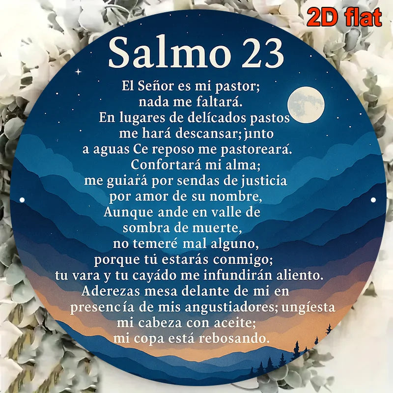 A circular piece of 2D flat metal wall art featuring a Spanish Bible verse on a dark blue background surrounded by white flor