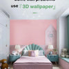 A bedroom featuring pink brick wallpaper panels used as wall decor behind a bed.
