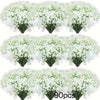 A bulk bouquet of white baby's breath artificial flowers with green stems.