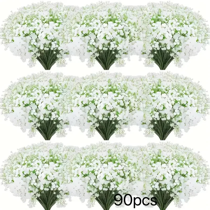 A bulk bouquet of white baby's breath artificial flowers with green stems.