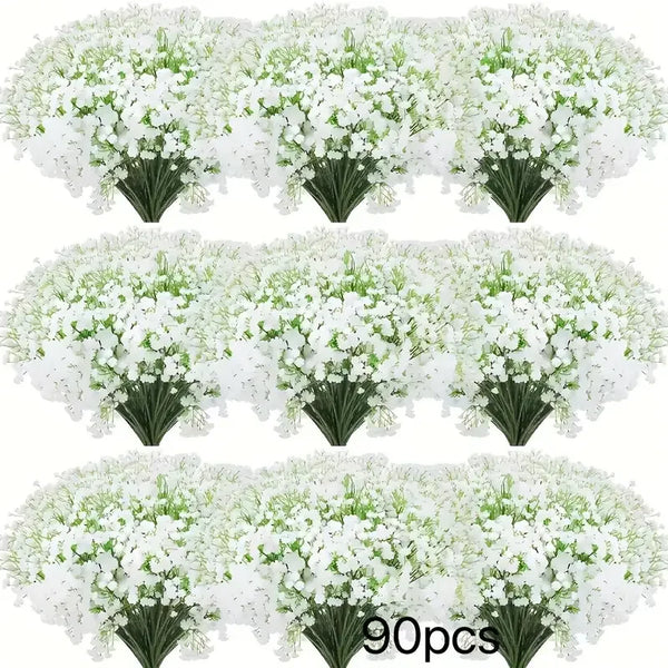 A bulk bouquet of white baby's breath artificial flowers with green stems.