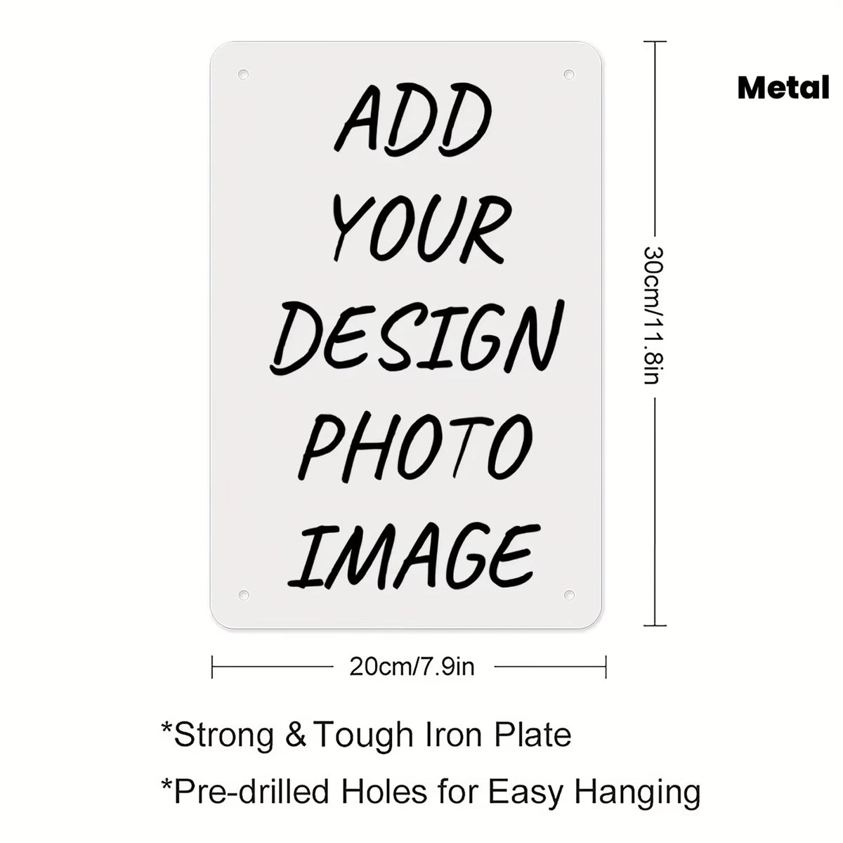 A blank metal sign template with text instructing users to add their design photo image