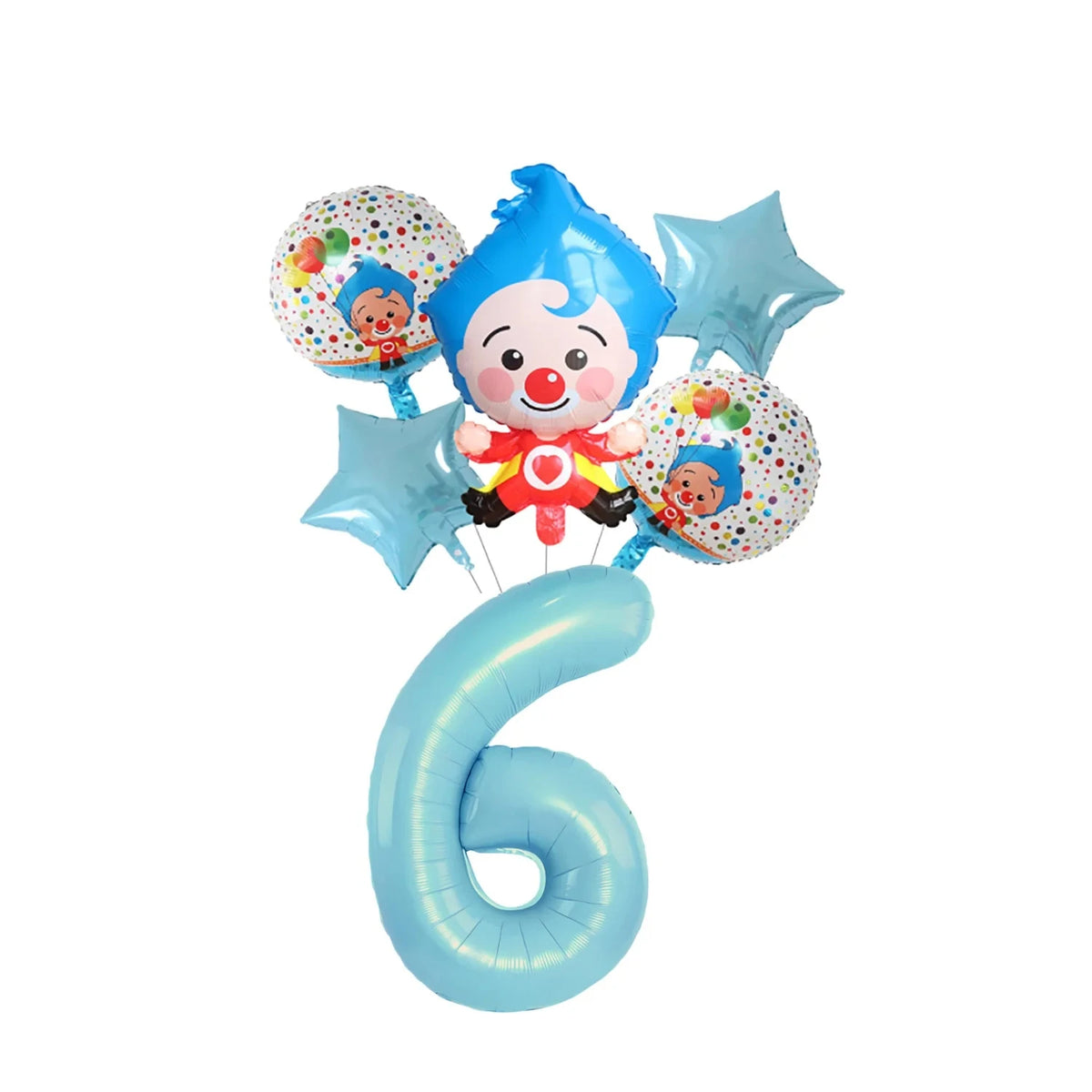 Blue balloon set featuring a clown face and stars for a circus theme birthday party decor