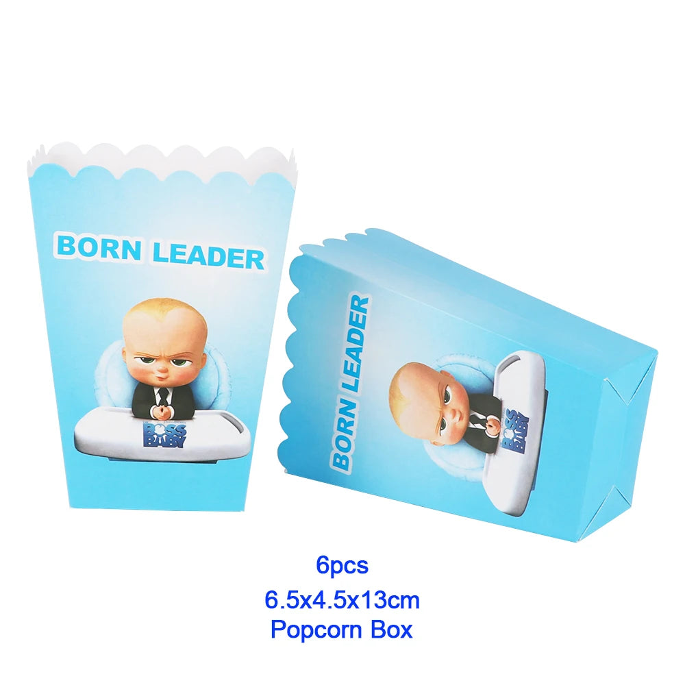 A box of six popcorn boxes featuring a baby leader theme with a baby figure on the front