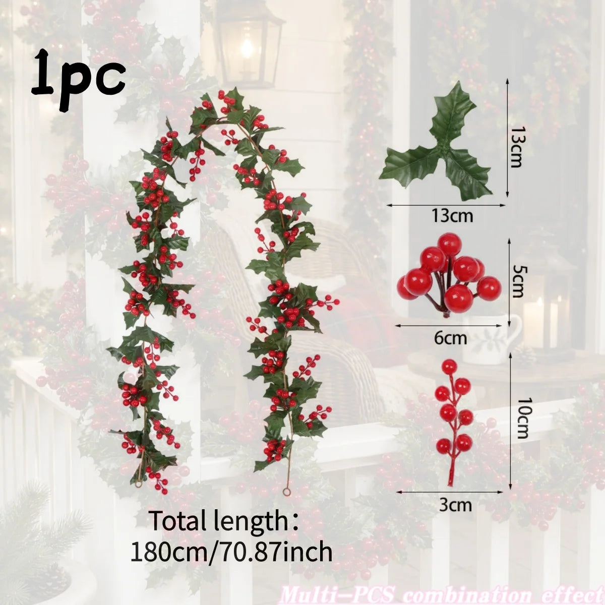 Artificial red berry holly Christmas garland with green leaves displayed on a white porch railing.