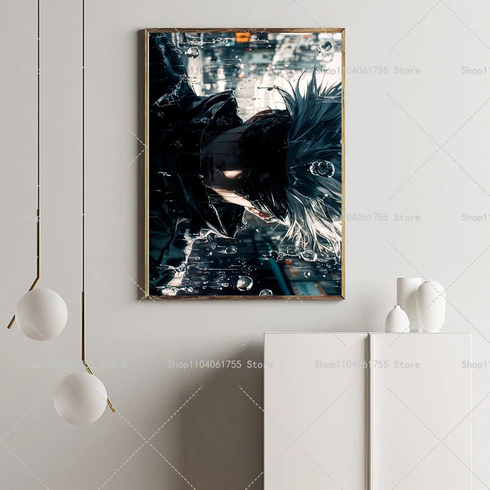 A framed anime poster of Gojo Satoru with spiky white hair against a dark, watery background.