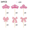 A set of 24 pink glitter crown and bow cupcake toppers on wooden sticks.