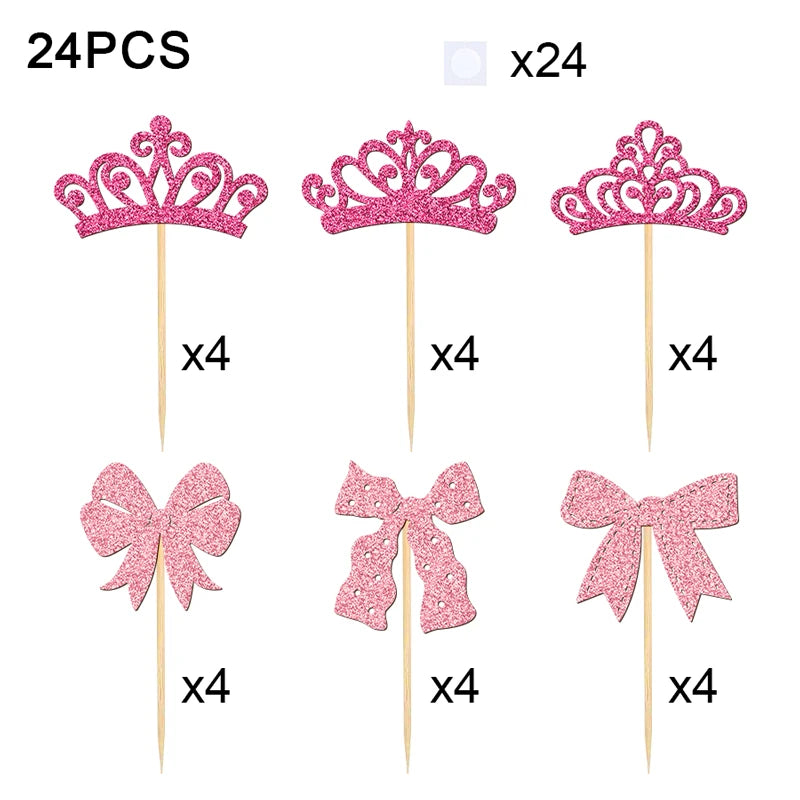 A set of 24 pink glitter crown and bow cupcake toppers on wooden sticks.