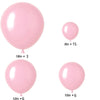 A pack of pastel pink balloons in various sizes including 5in x 15, 18in x 3, 10in x 6, and 12in x 6.
