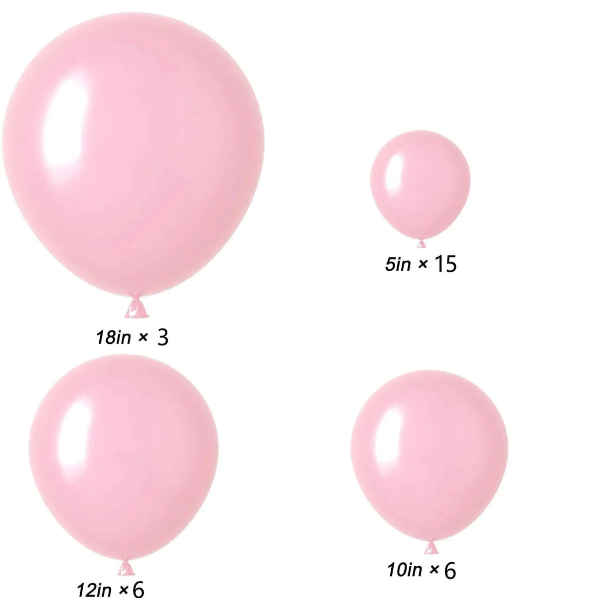 A pack of pastel pink balloons in various sizes including 5in x 15, 18in x 3, 10in x 6, and 12in x 6.