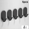 Five black self-adhesive wall hooks displayed in a row against a white background.