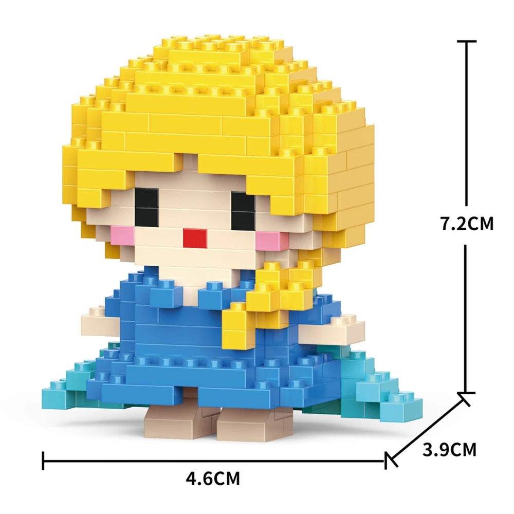 A yellow and blue LEGO-style minifigure model kit showing a stylized character with curly hair and a blue outfit.