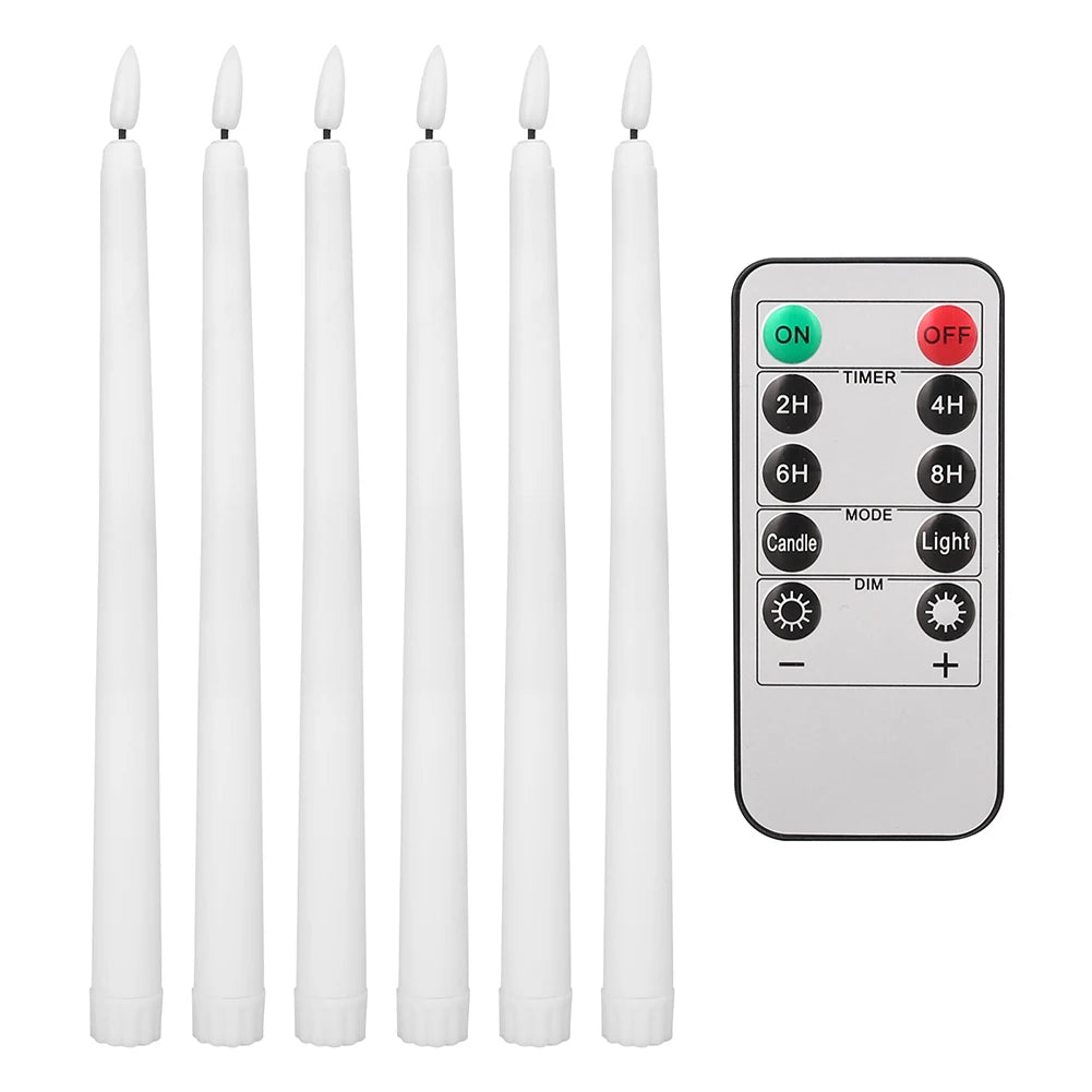 A set of white flameless LED taper candles and a remote control with on/off switch, timer, mode, and dim controls.