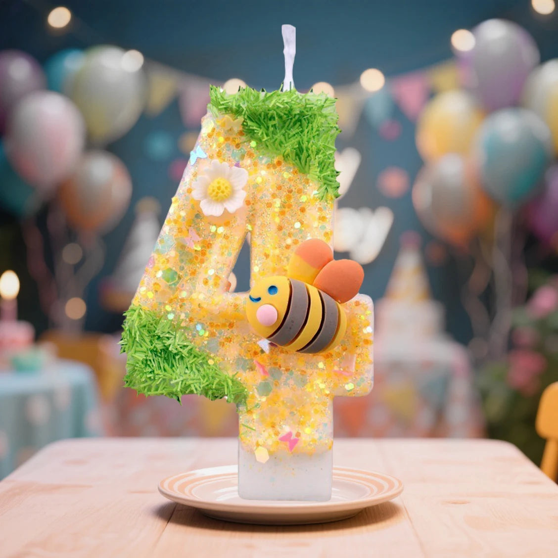 A large yellow number four candle decorated with bees and green moss on a white cake, set against a blurred background of bal
