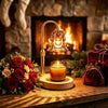 An elegant gold candle warmer lamp with a glass shade sits on a wooden surface next to red roses and pine greenery.
