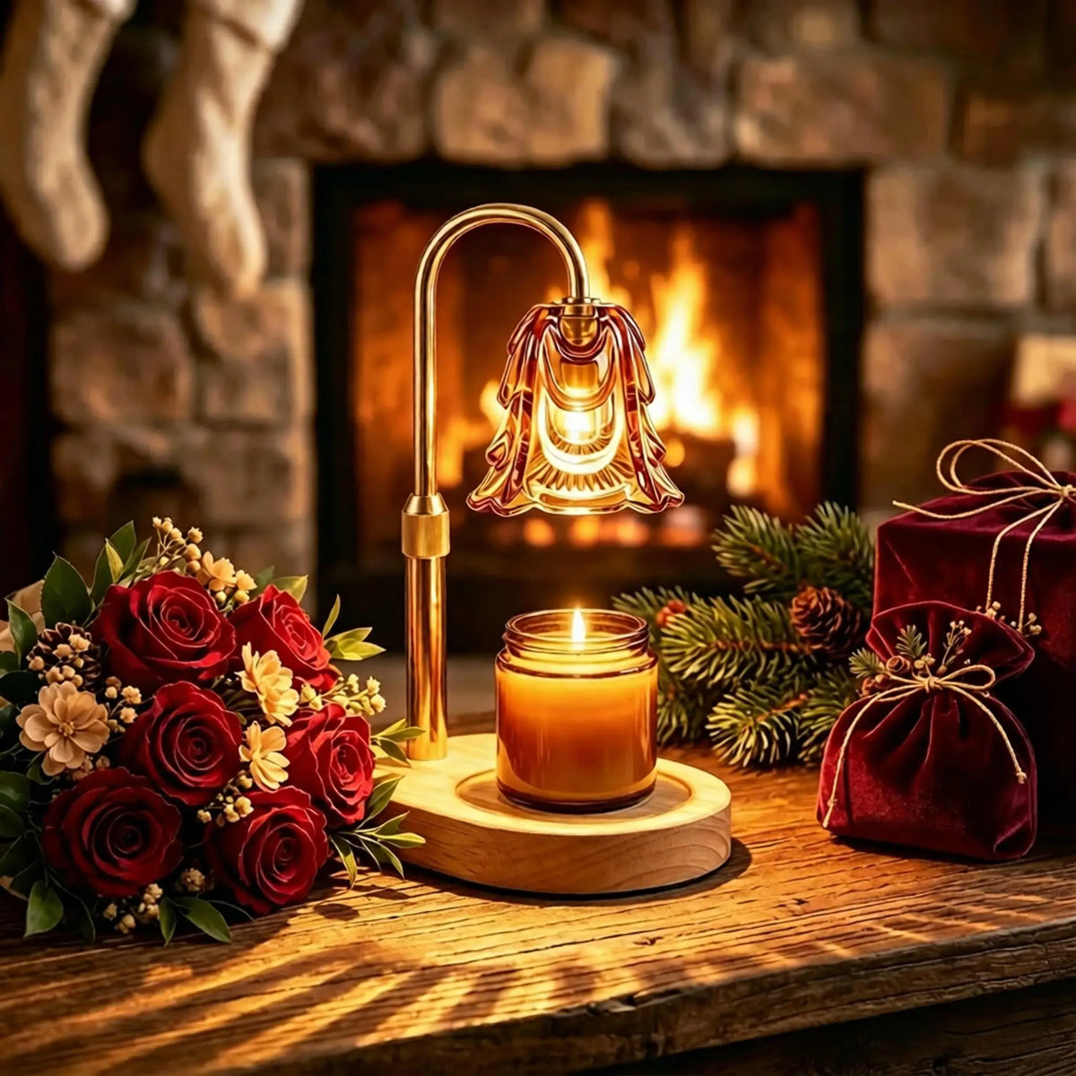 An elegant gold candle warmer lamp with a glass shade sits on a wooden surface next to red roses and pine greenery.