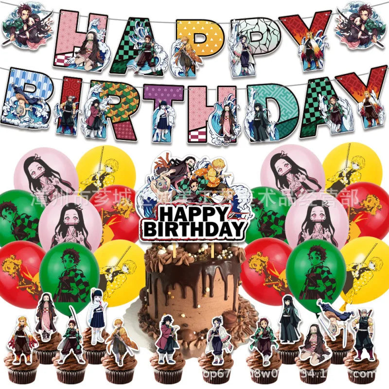 A set of birthday decorations featuring Demon Slayer characters and themed elements.