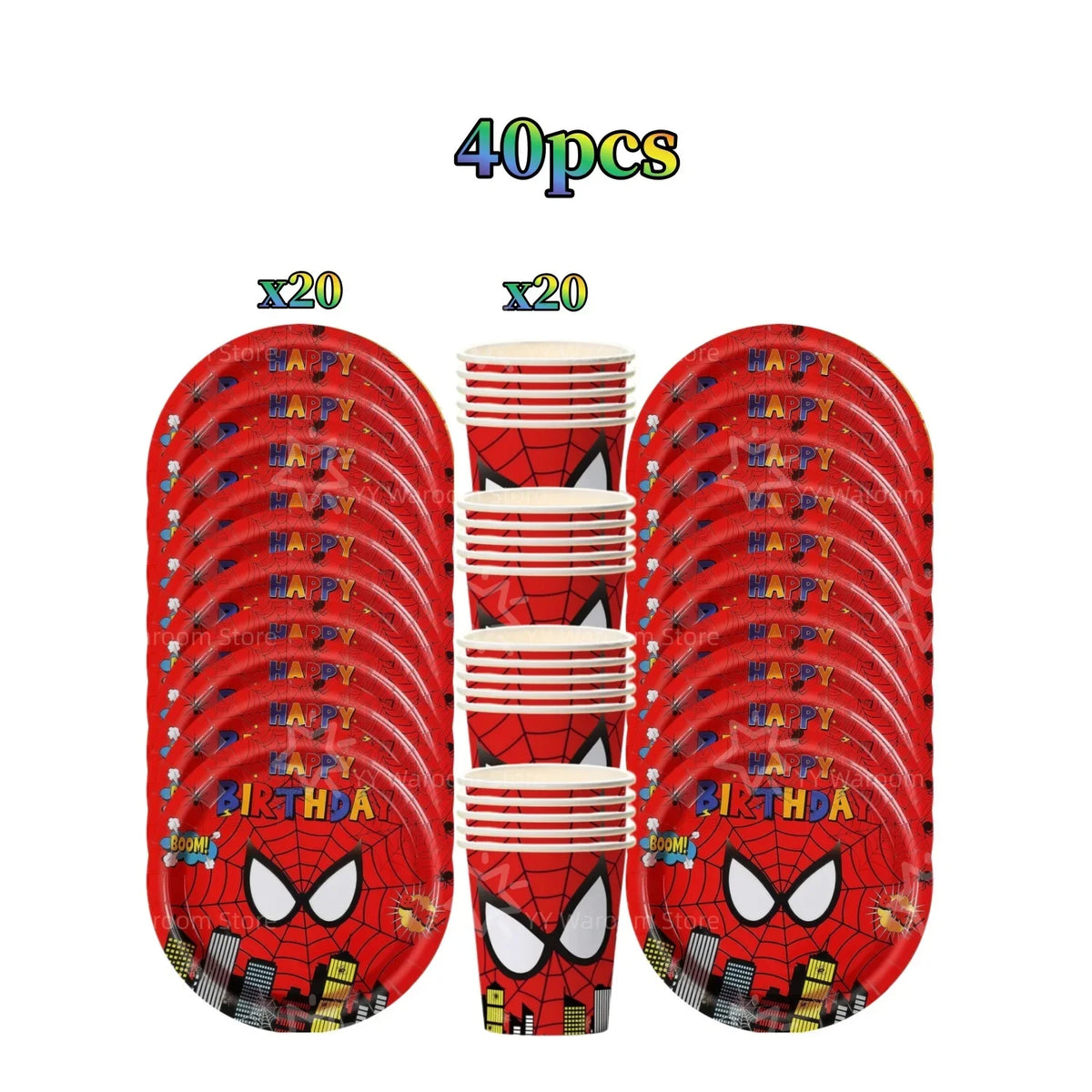 40 pieces of red and black superhero themed party tableware including plates and cups