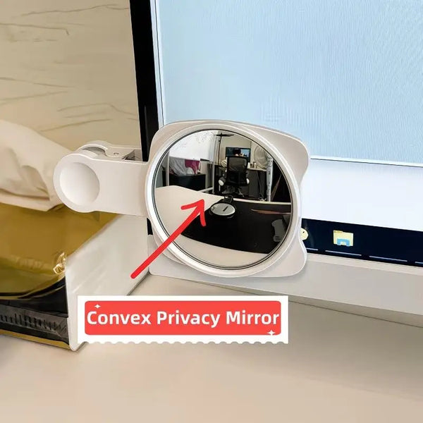 A convex privacy mirror is shown mounted on a desk, reflecting the surroundings.