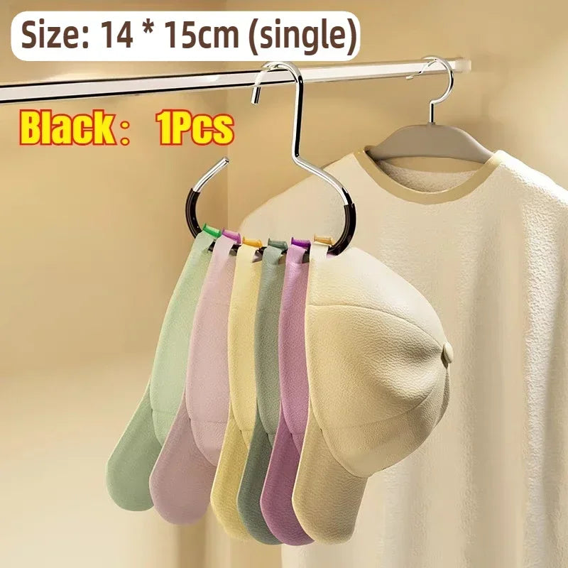 Black round multi-purpose closet hook for hats scarves and bags hanging on a clothes rack