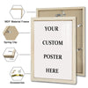 A wooden frame for a custom poster featuring the text YOUR CUSTOM POSTER HERE with included accessories.