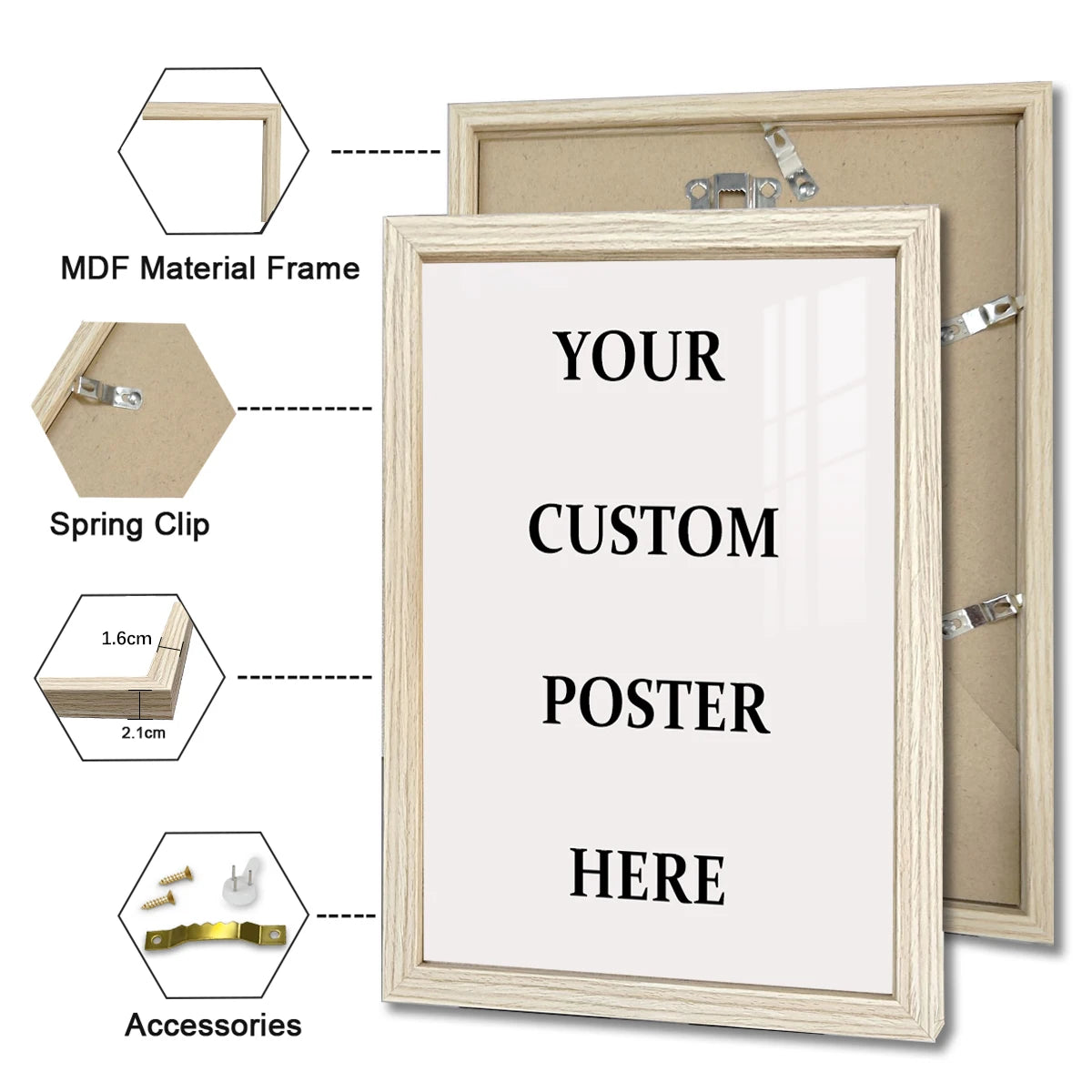 A wooden frame for a custom poster featuring the text YOUR CUSTOM POSTER HERE with included accessories.