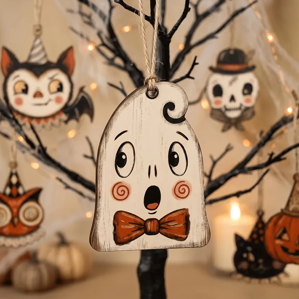 A wooden Halloween hanging ornament featuring a carved face with large eyes and an open mouth, suspended from a dark branch.