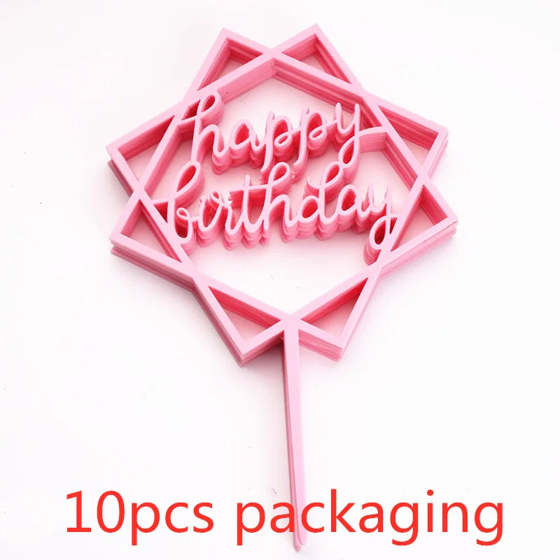Pink acrylic hexagon shaped birthday sign with the words happy birthday and a stick for display