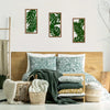 A set of three framed green leaf botanical prints displayed on a white wall above a wooden bed.