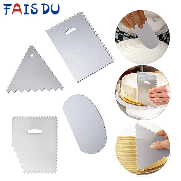 A set of stainless steel cake scrapers and fondant smoothing tools for baking