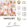 A set of pink and gold balloons forming a decorative garland arch with confetti, including various sizes and a glue dot roll.