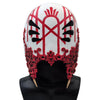 A white mask with red markings resembling a stylized crown or helmet, displayed on a black mannequin.