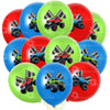 A collection of red, blue, and green monster truck themed party decorations including trucks and tableware.