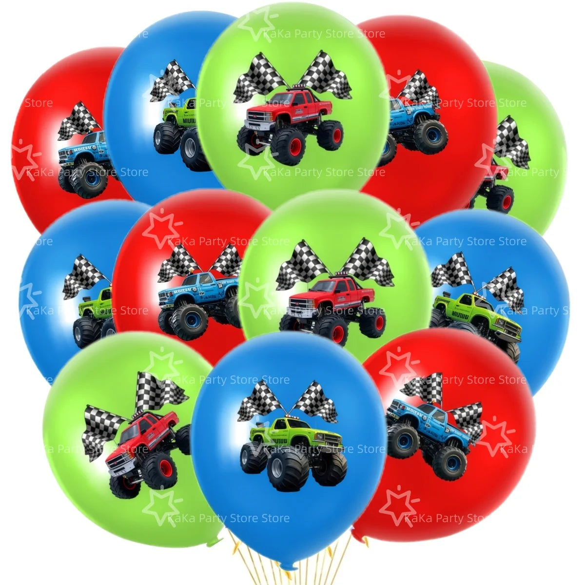 A collection of red, blue, and green monster truck themed party decorations including trucks and tableware.