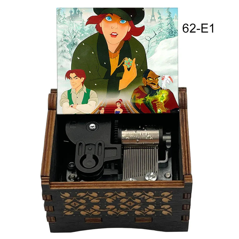 A hand-cranked wooden music box featuring characters from Once Upon a December, set against a snowy background.