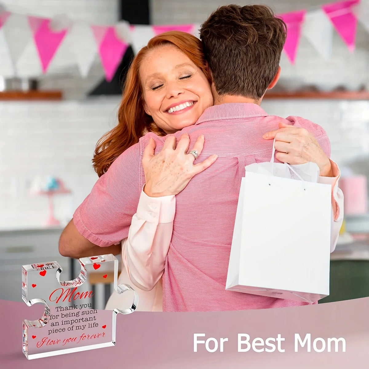 A woman is hugging a man while holding a white gift bag. The image is for Best Mom.