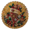 A festive diamond painting featuring a golden wreath with a Christmas stocking filled with gifts and holly.