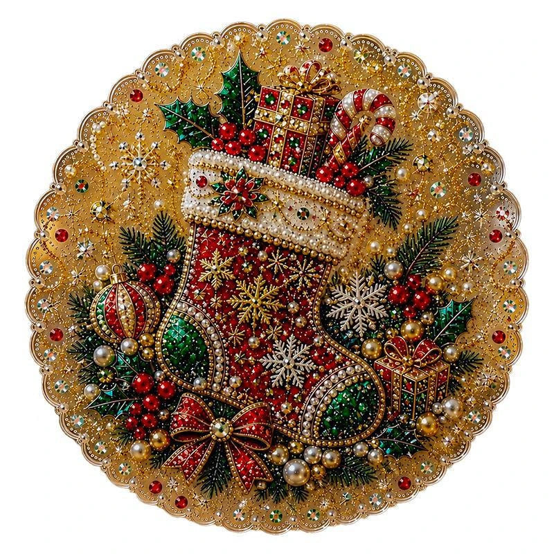 A festive diamond painting featuring a golden wreath with a Christmas stocking filled with gifts and holly.