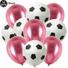 A pack of ten black and white soccer ball shaped latex balloons for party decorations.
