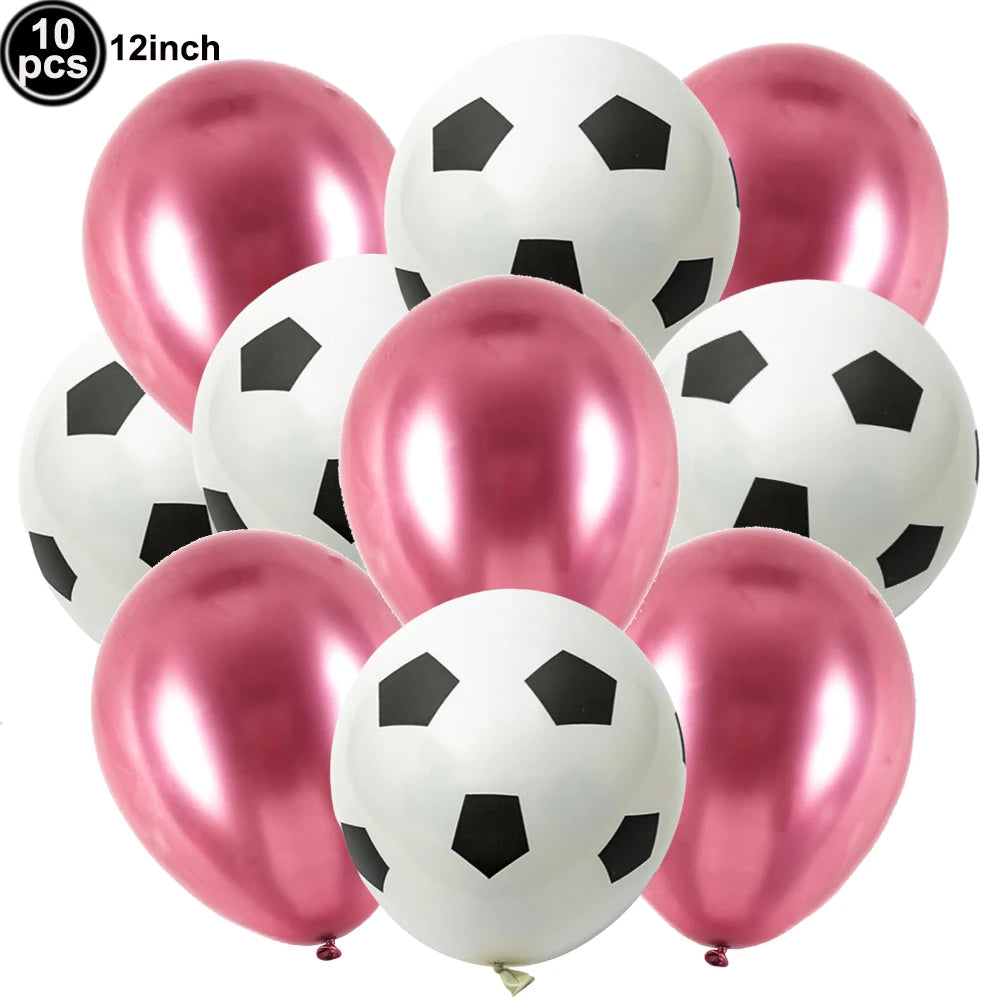A pack of ten black and white soccer ball shaped latex balloons for party decorations.