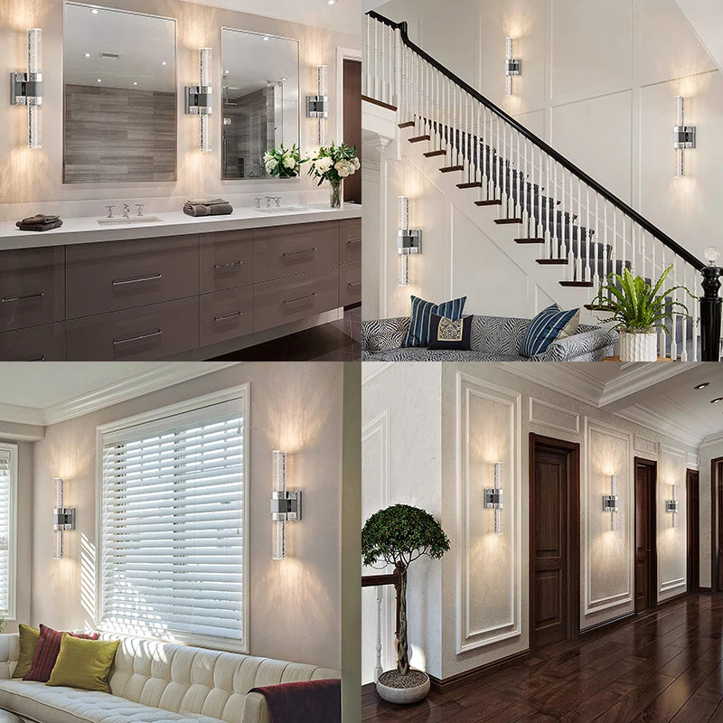 Modern bubble crystal LED wall sconces illuminating a luxurious bathroom vanity and staircase.
