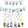 A banner decoration featuring the letter B and the number 1, with various baby-themed figures and disposable tableware.