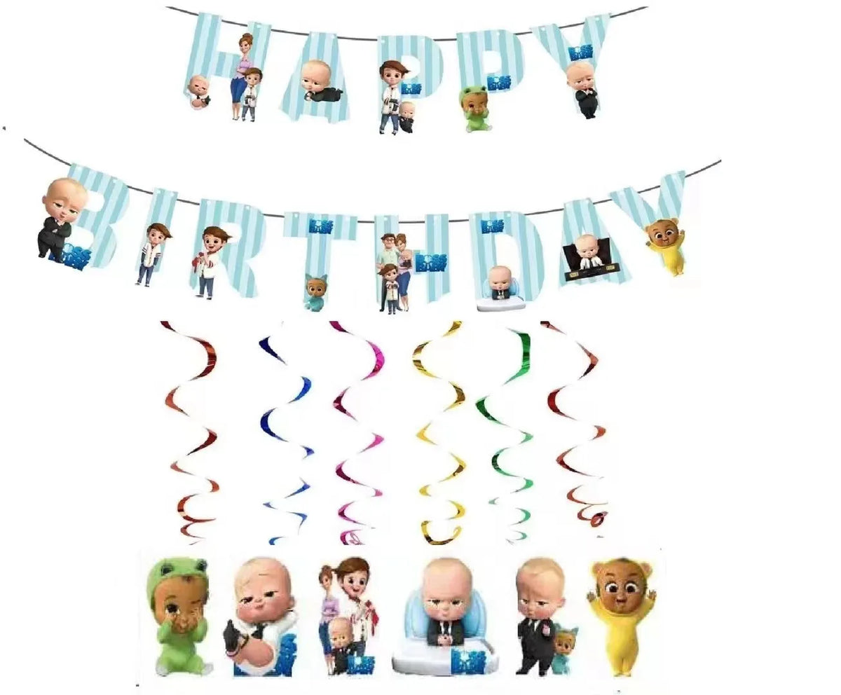 A banner decoration featuring the letter B and the number 1, with various baby-themed figures and disposable tableware.